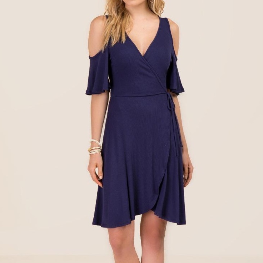 Francesca’s Navy Wrap Front Shoulder Cut-Out Dress